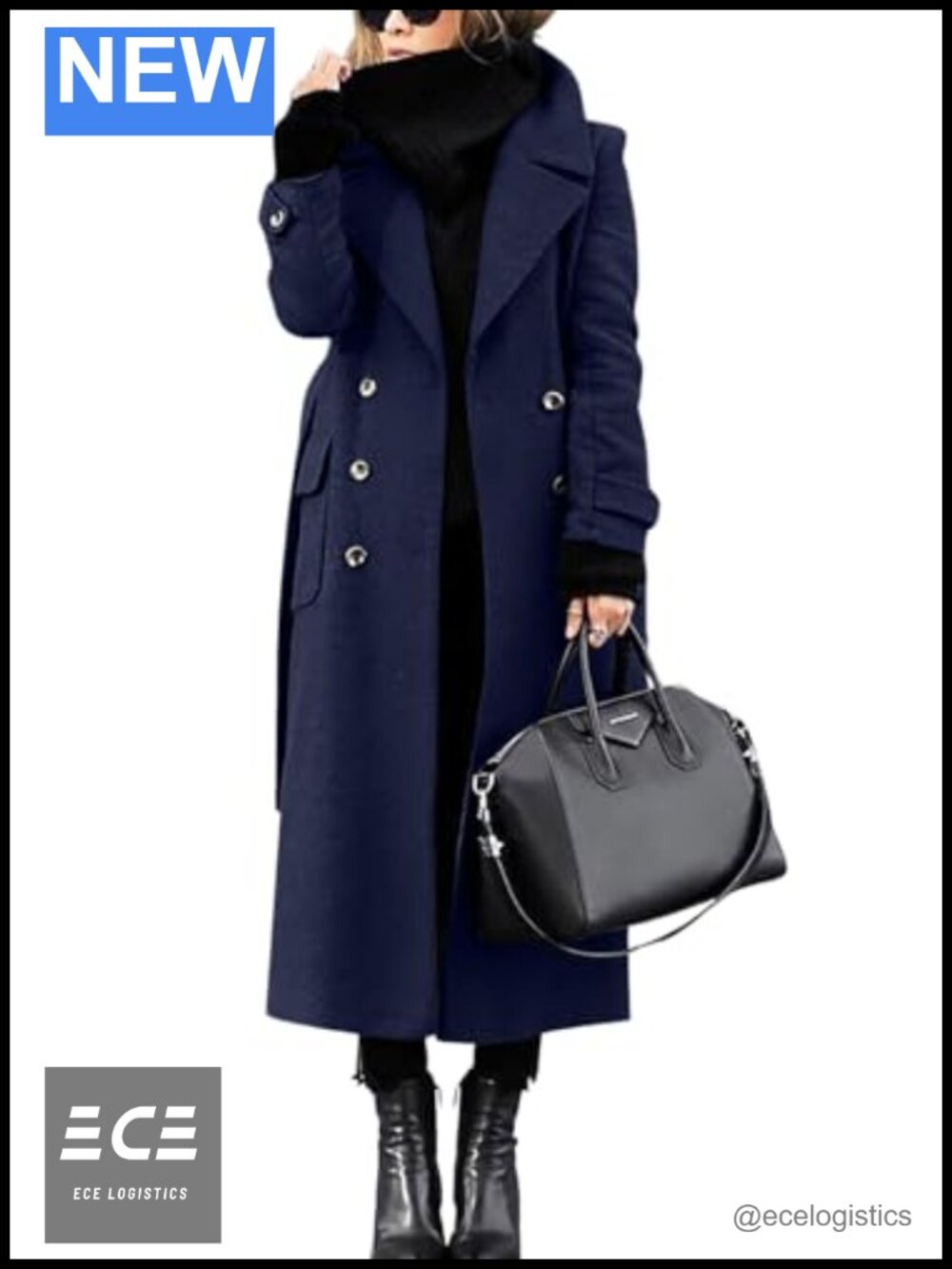 Wool Blend Midi Pea Coat Double Breasted Belted Winter Overcoat